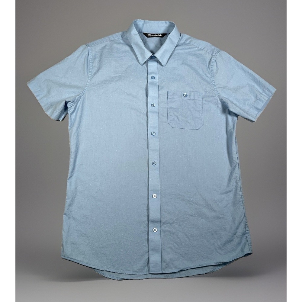 TravisMathew Mens Medium Short Sleeve Button Up Shirt Light Blue Golf Casual